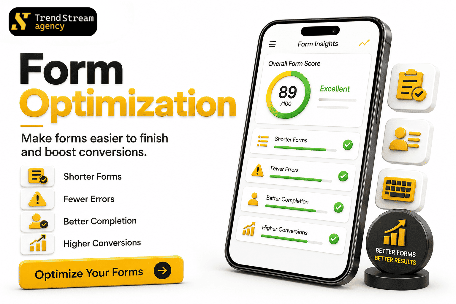 Form Optimization — multi-step progress bars, smart defaults, and optimized error messaging