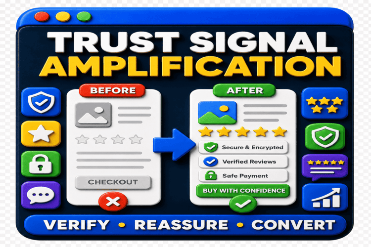 Trust Signal Amplification — reviews, testimonials, security badges, and guarantees for immediate trust