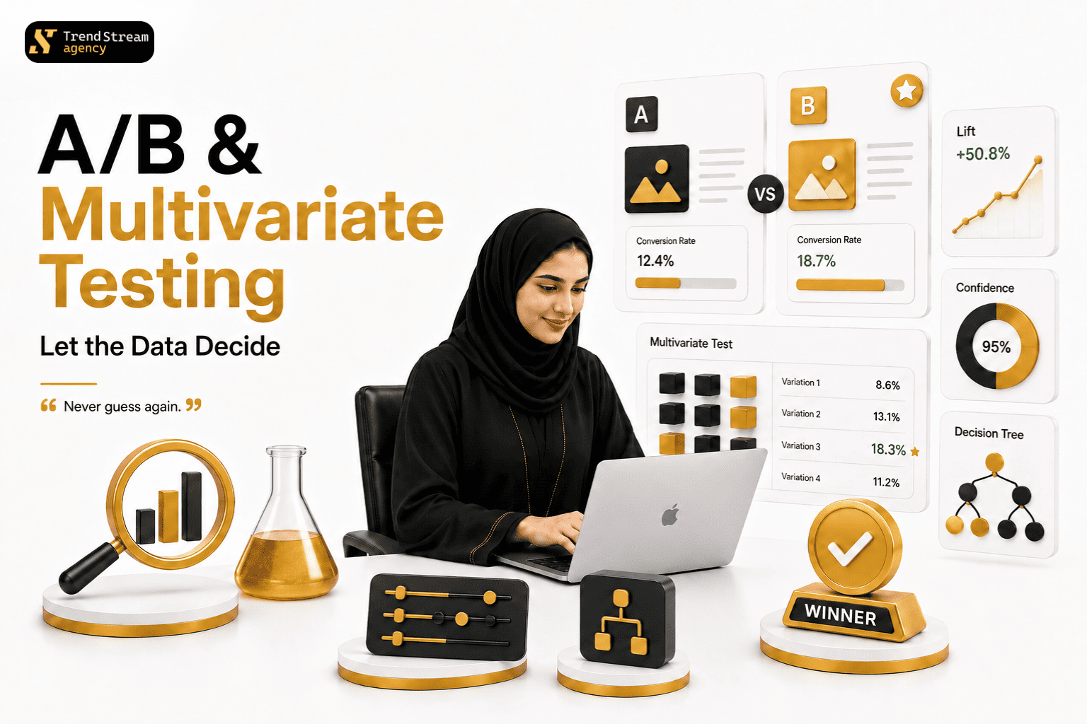 A/B test dashboard showing variant performance, statistical significance, and winner graphics