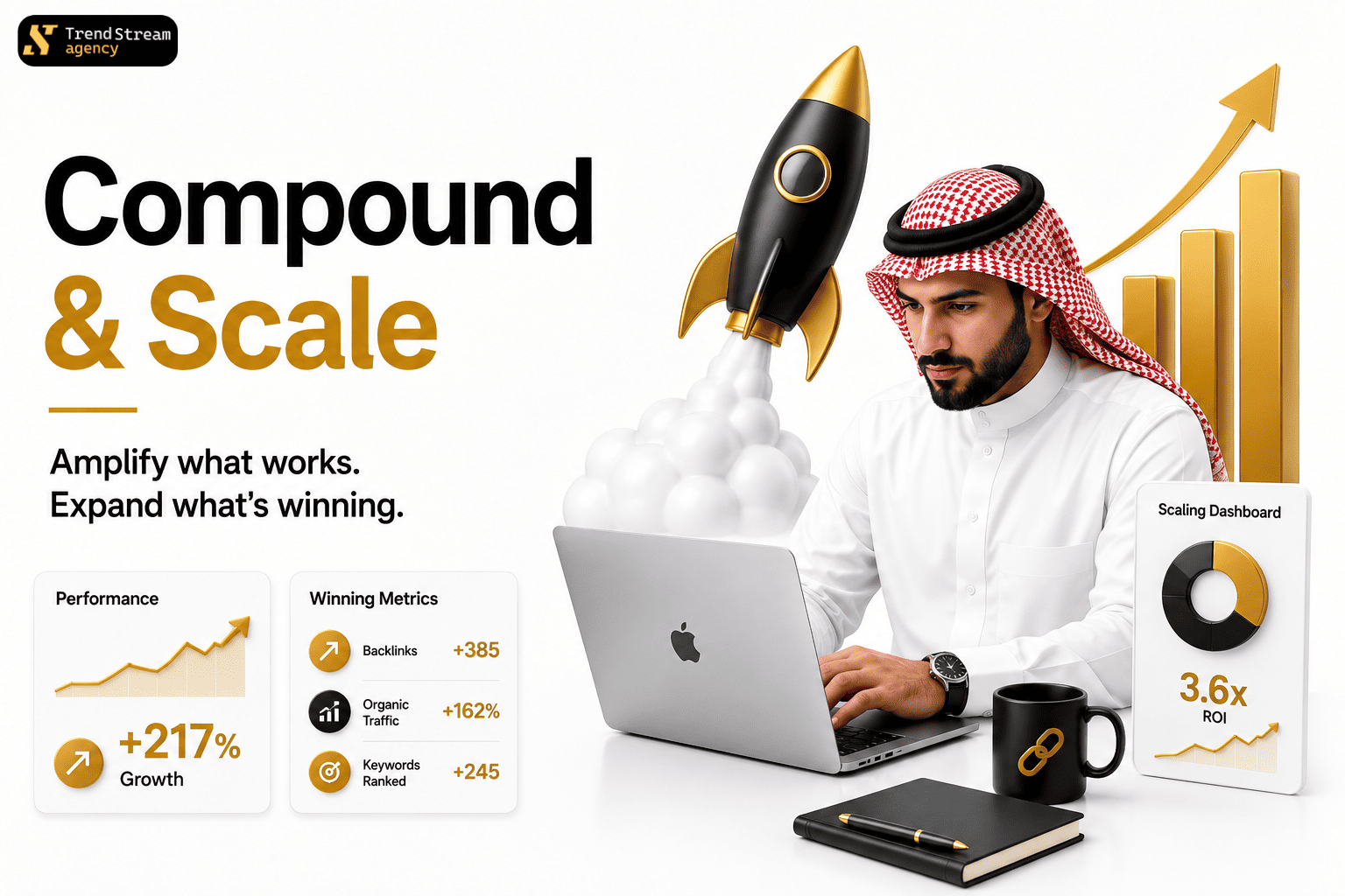 Scaling roadmap with source diversification chart and quarterly growth metrics