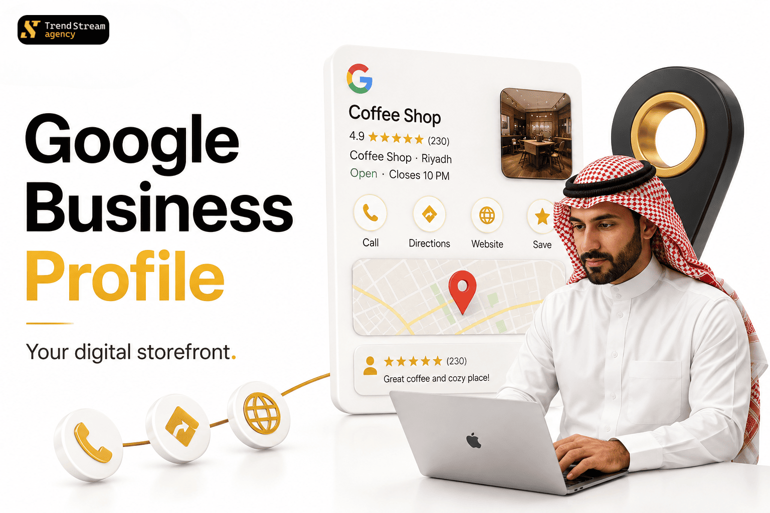 Local SEO Google Maps pack and GMB analytics dashboard showing top local search rankings in Riyadh