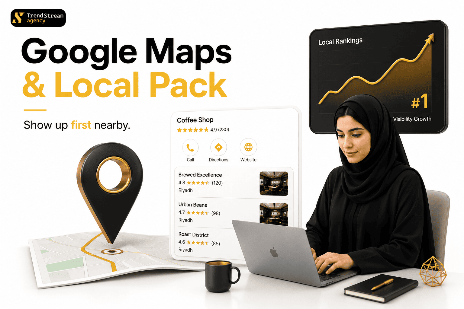 Local SEO Google Maps pack and GMB analytics dashboard showing top local search rankings in Riyadh