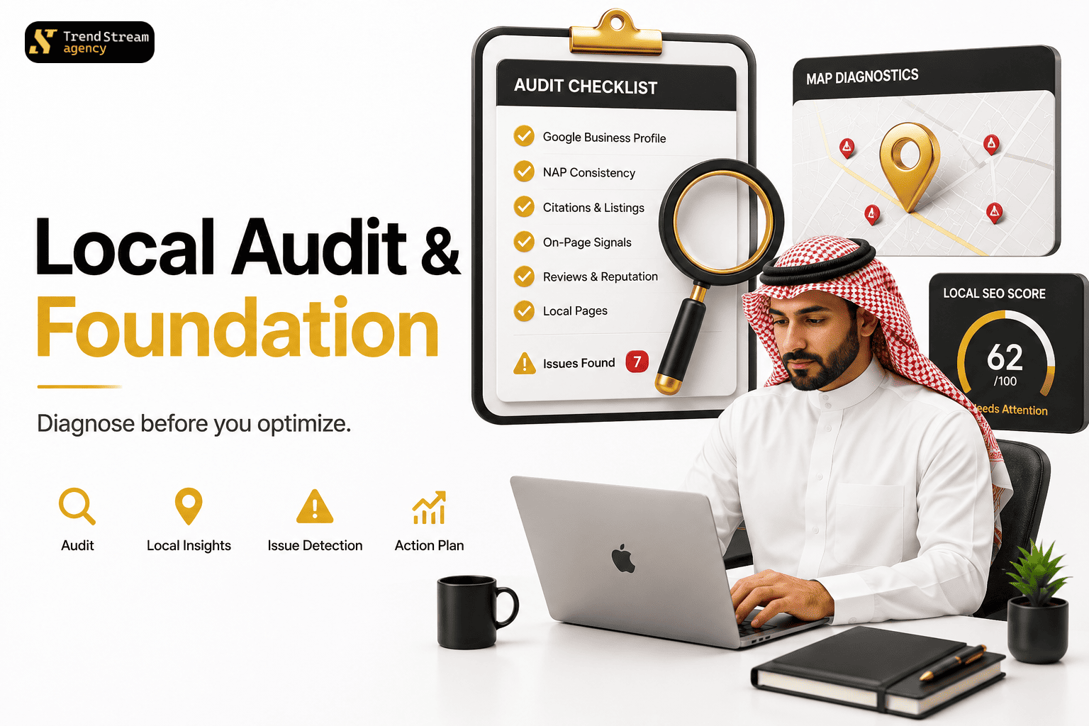 Local SEO audit dashboard showing competitor analysis and technical health checks
