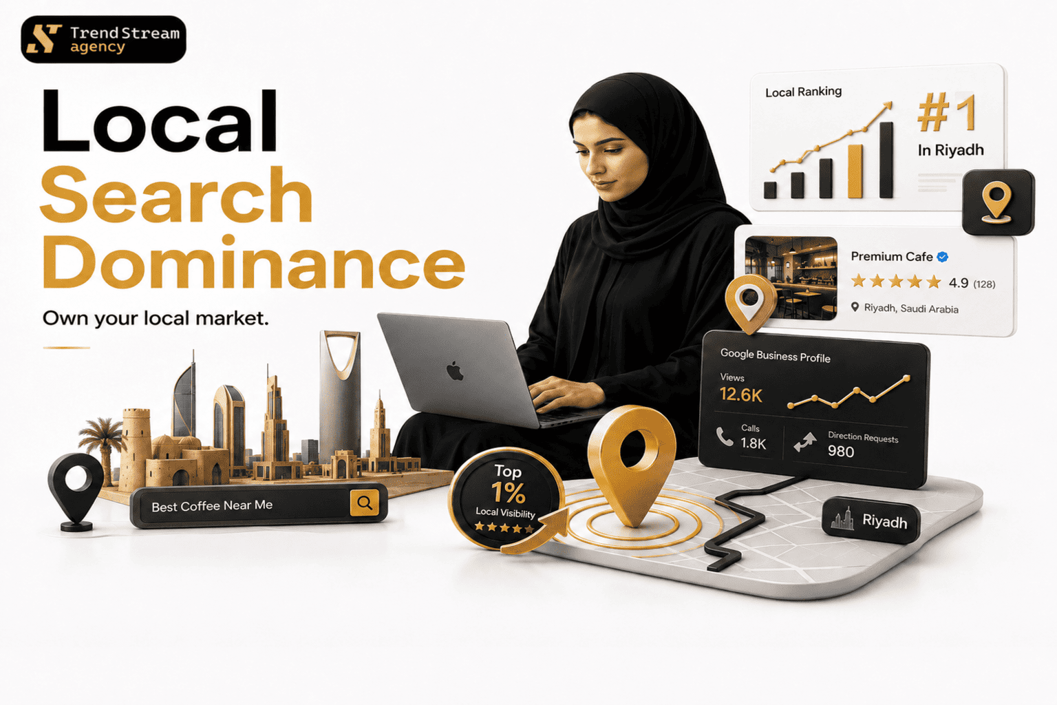 Local SEO Google Maps pack and GMB analytics dashboard showing top local search rankings in Riyadh