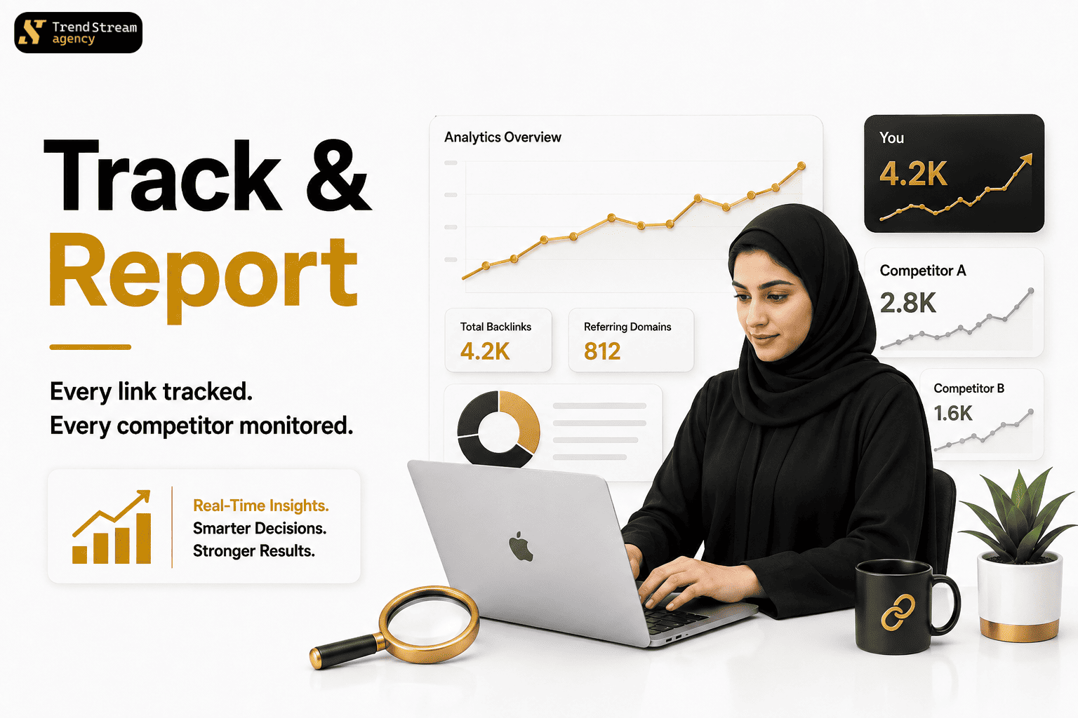 Link monitoring dashboard with competitor comparison and monthly growth report